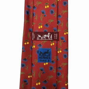 Hermes Mens Tie Floral Flowers Cherries Red 100% Silk 7558 SA 3 5/8" x 58.5" euc